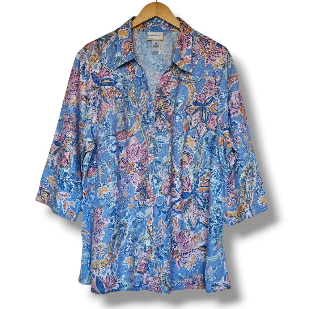 Alfred Dunner Top 3X Womens Blue Floral Paisley Button Up 3/4 Sleeve Lightweight